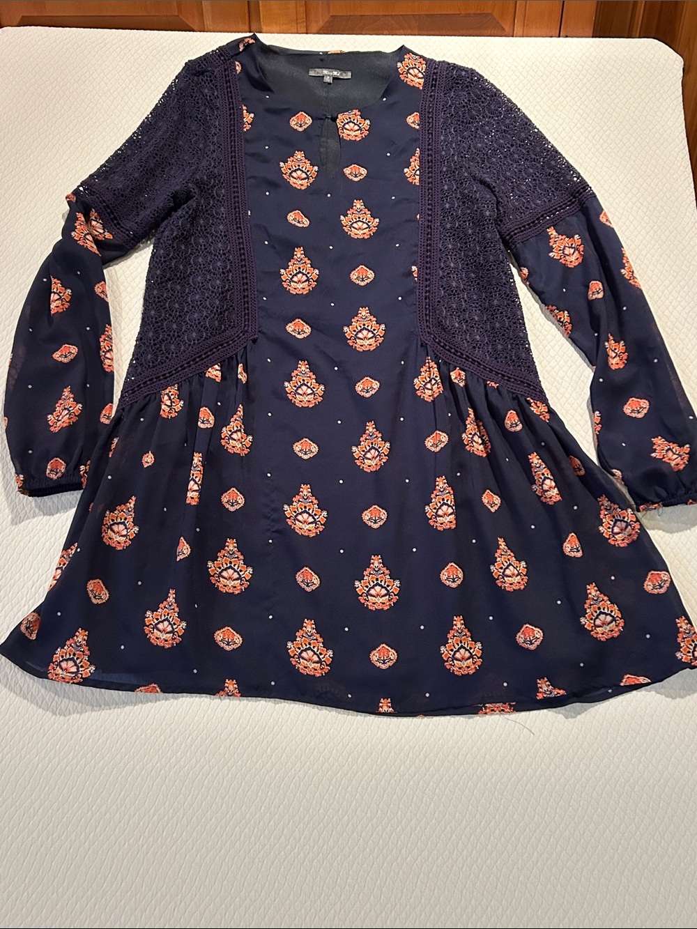Miss Me Boho Navy Midi Dress with Orange Paisley Motif and Crochet Insets